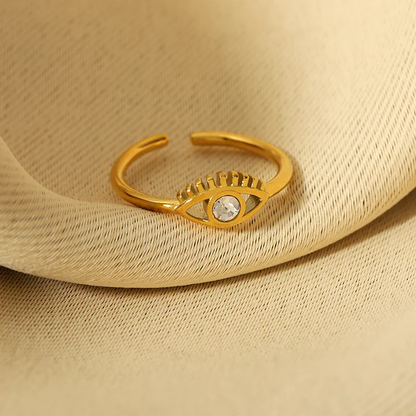 Sleek Evil Eye Adjustable Zircon Ring 18k Gold Plated Stainless Steel