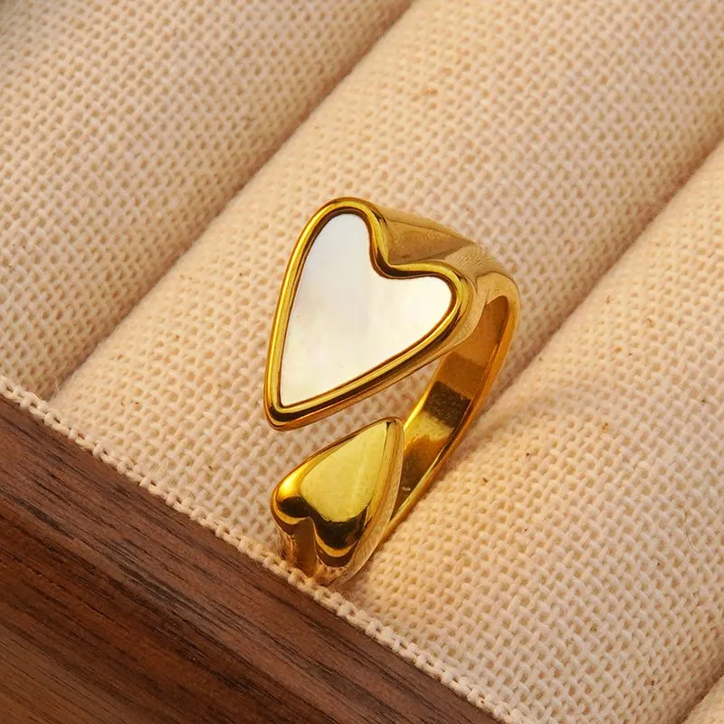 18K Gold Plated White Heart Enamel Open Ring Stainless Steel