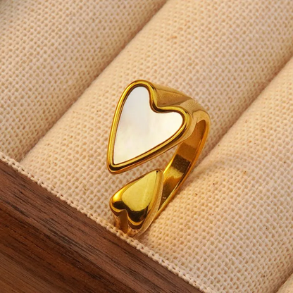 18K Gold Plated White Heart Enamel Open Ring Stainless Steel