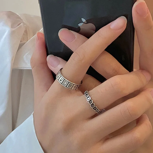 Engraved Silver Plated Adjustable Set Of Rings Stainless Steel