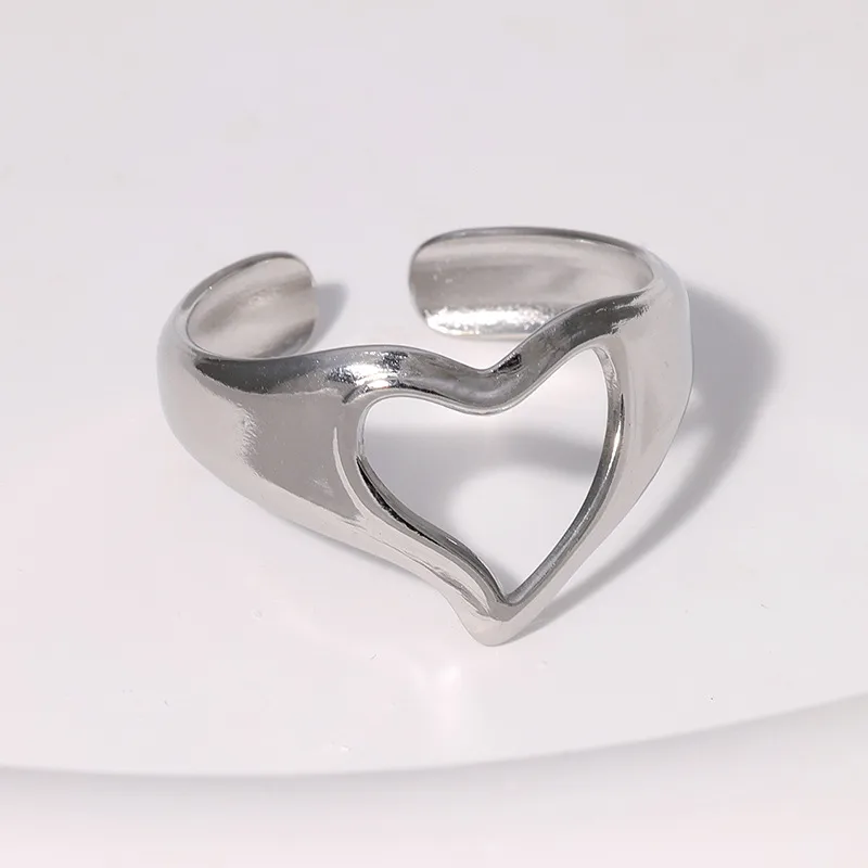 Silver Plated Hollow Heart Adjustable Ring Stainless Steel