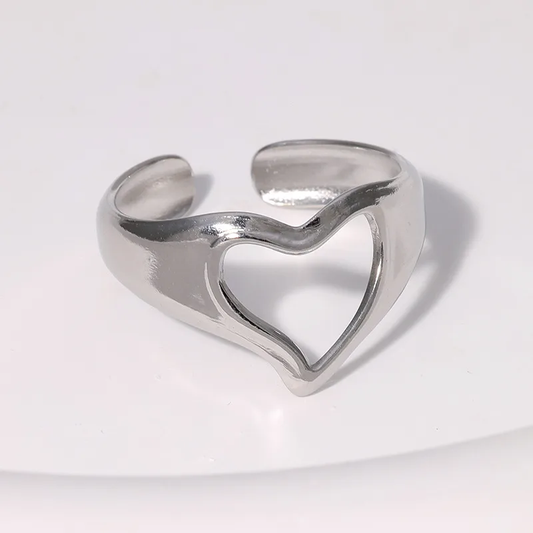 Silver Plated Hollow Heart Adjustable Ring Stainless Steel
