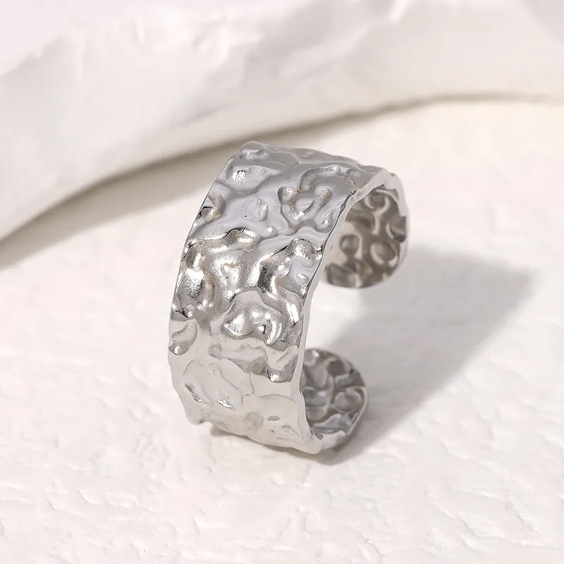 Silver Plated Chunky Hammered Open Ring Stainless Steel