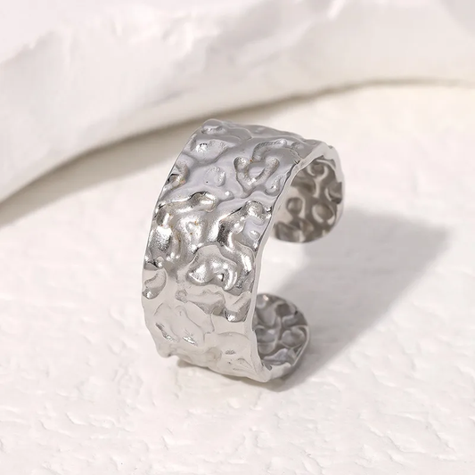 Silver Plated Chunky Hammered Open Ring Stainless Steel