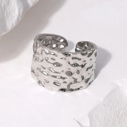 Silver Plated Statement Hammered Open Ring Stainless Steel