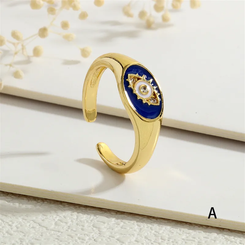 Evil Eye Blue Enamel 18K Gold Plated Open Ring with CZ Stone Stainless Steel
