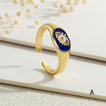 Evil Eye Blue Enamel 18K Gold Plated Open Ring with CZ Stone Stainless Steel