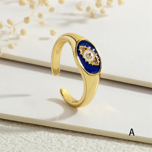 Evil Eye Blue Enamel 18K Gold Plated Open Ring with CZ Stone Stainless Steel