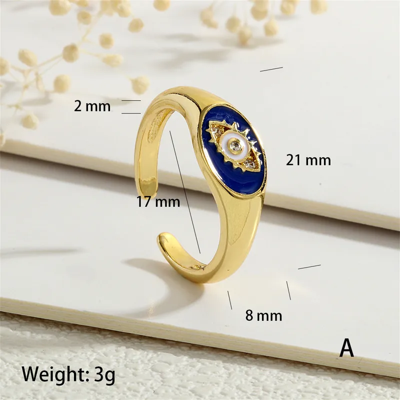 Evil Eye Blue Enamel 18K Gold Plated Open Ring with CZ Stone Stainless Steel