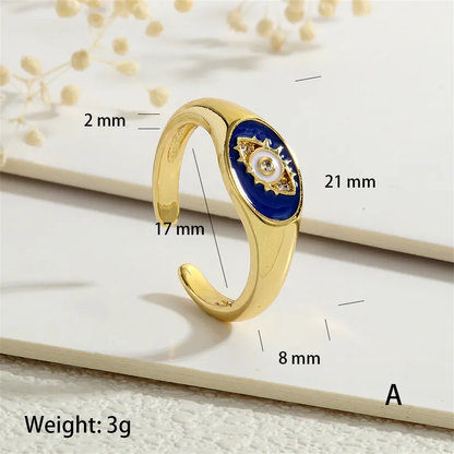 Evil Eye Blue Enamel 18K Gold Plated Open Ring with CZ Stone Stainless Steel
