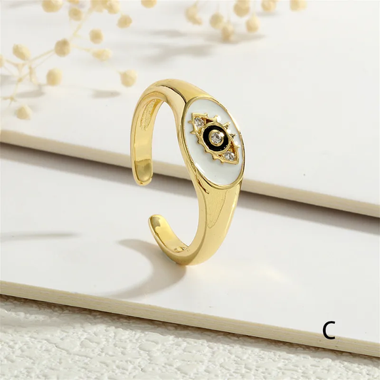 Evil Eye White Enamel 18K Gold Plated Open Ring with CZ Stone Stainless Steel