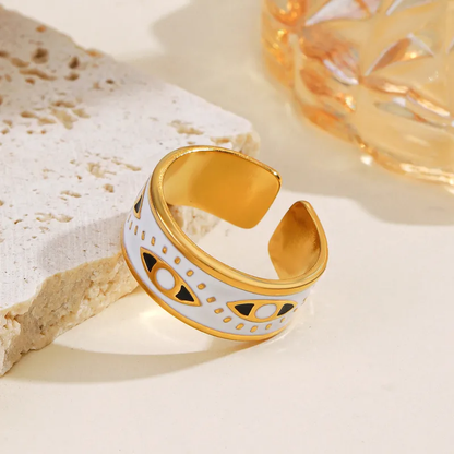 White Enamel Evil Eye Open Band Ring with in 18k Gold Plating Stainless Steel