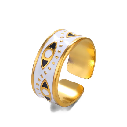 White Enamel Evil Eye Open Band Ring with in 18k Gold Plating Stainless Steel