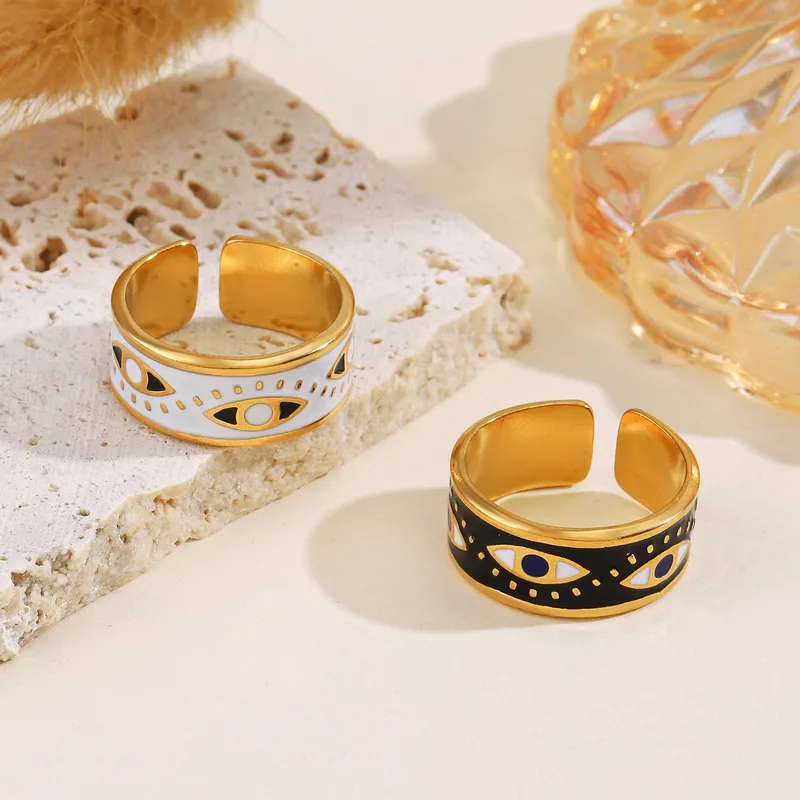 White Enamel Evil Eye Open Band Ring with in 18k Gold Plating Stainless Steel