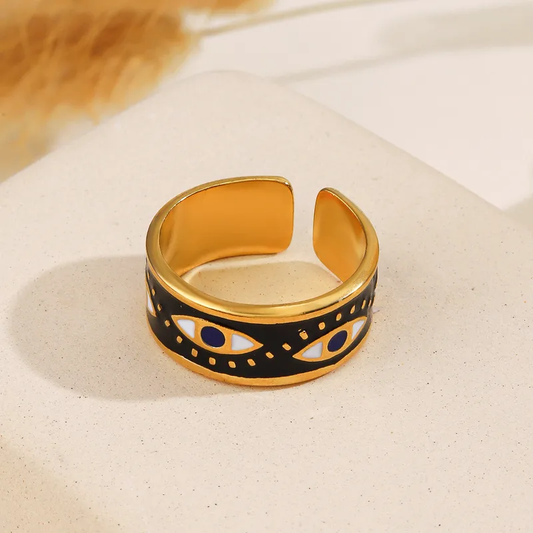 Black Enamel Evil Eye Open Band Ring with in 18k Gold Plating Stainless Steel
