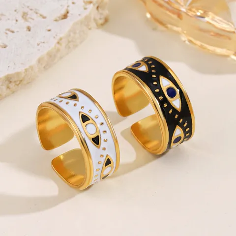 Black Enamel Evil Eye Open Band Ring with in 18k Gold Plating Stainless Steel