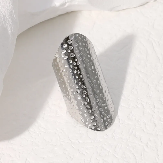 Silver Plated Long Statement Textured Ring Stainless Steel