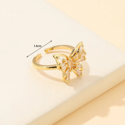 18k Gold Plated CZ Sparkling Butterfly Adjustable Ring Stainless Steel