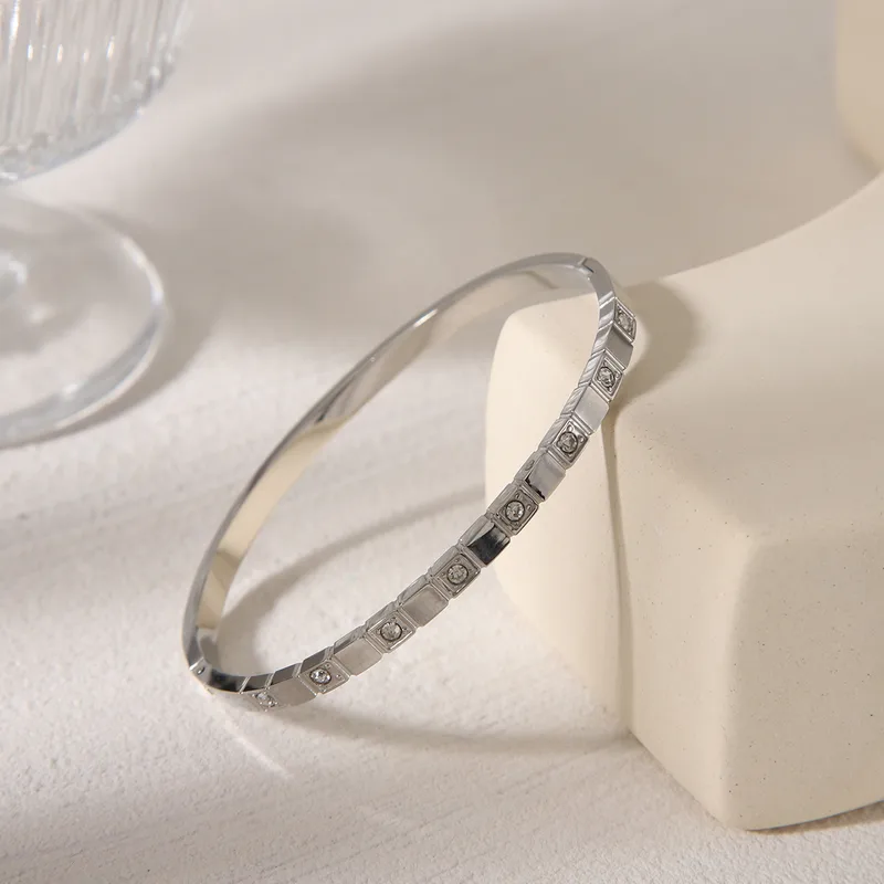 Sleek Silver Plated Everyday Bangle with Zircon Stones Stainless Steel