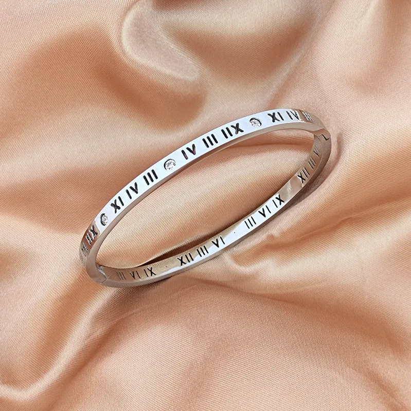 Silver Plated Sleek Roman Numeral CZ Bangle Stainless Steel