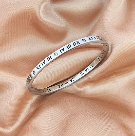 Silver Plated Sleek Roman Numeral CZ Bangle Stainless Steel