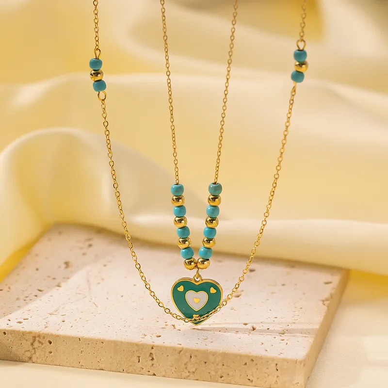 Layered Beaded Enamel Heart Pendant necklace