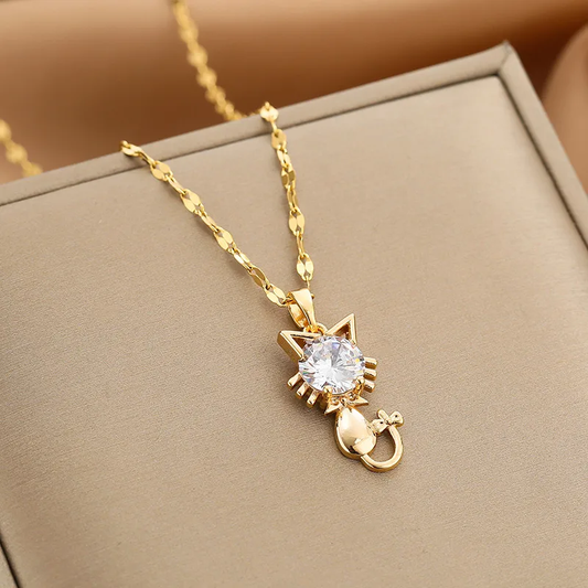 Cute CZ Cat Pendant Necklace Hypoallergenic