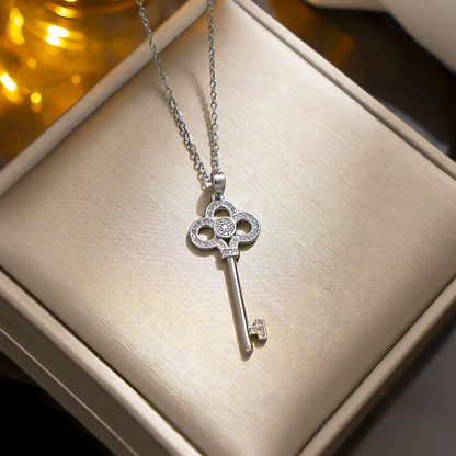 Silver Plated Key Pendant Necklace CZ Hypoallergenic