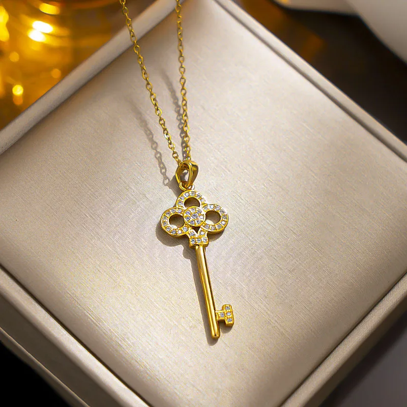 18k Gold Plated Key Pendant Necklace CZ Hypoallergenic