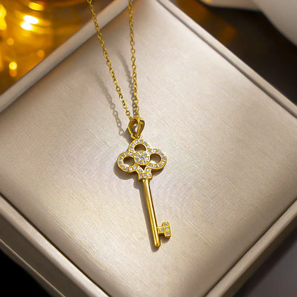 18k Gold Plated Key Pendant Necklace CZ Hypoallergenic