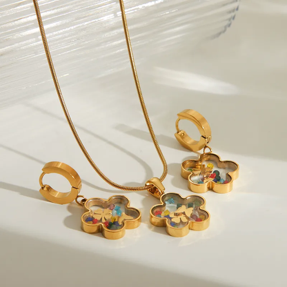 Beautiful Pendant Necklace Earrings 18K Gold Plated Stainless Steel