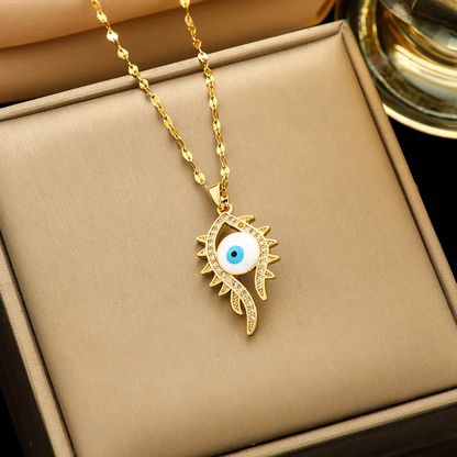 Statement Zircon Evil Eye Pendant Necklace 18K Gold Plated Stainless Steel