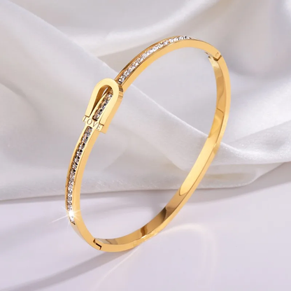 Statement 18K Gold Plated Horseshoe Bangle with Zirconia Stones Stainless Steel