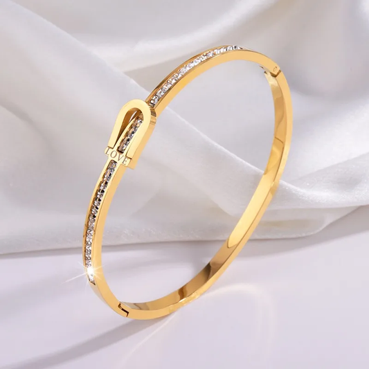 Statement 18K Gold Plated Horseshoe Bangle with Zirconia Stones Stainless Steel