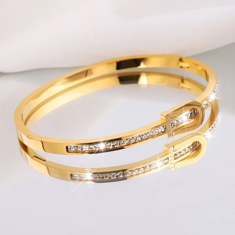 Statement 18K Gold Plated Horseshoe Bangle with Zirconia Stones Stainless Steel
