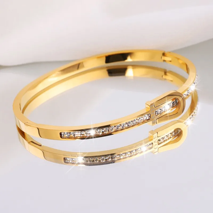 Statement 18K Gold Plated Horseshoe Bangle with Zirconia Stones Stainless Steel
