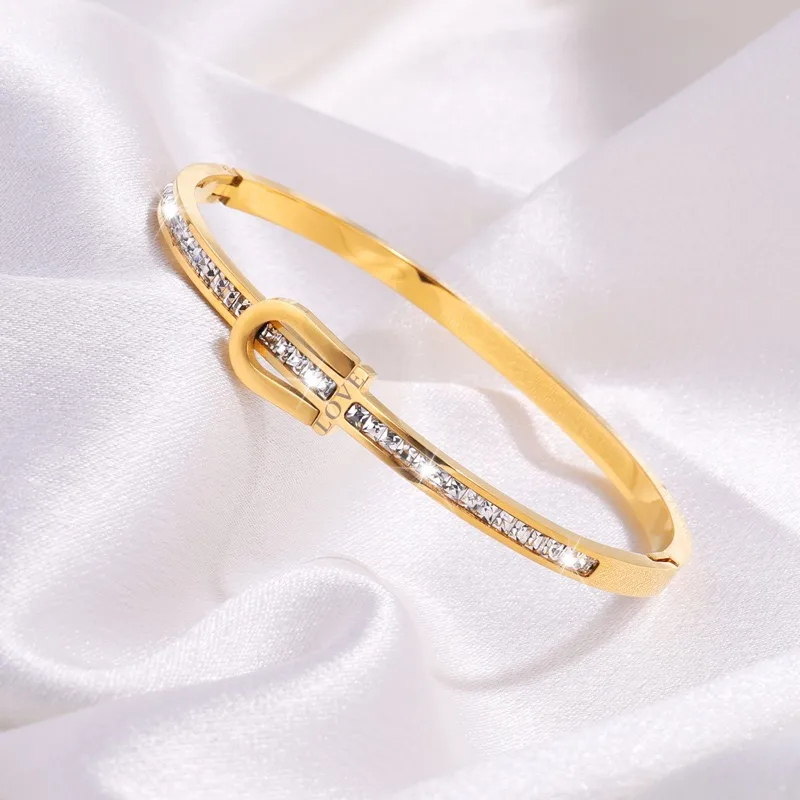 Statement 18K Gold Plated Horseshoe Bangle with Zirconia Stones Stainless Steel