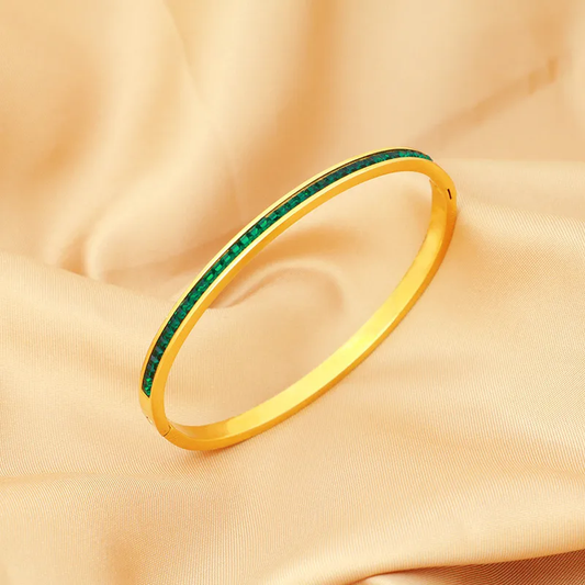 Gorgeous 18K Gold Plated Bangle with Green CZ Stones Stainless Steel