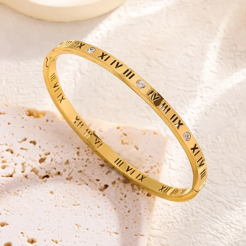Sleek 18K Gold Plated Roman Numeral Bangle with CZ Stones Stainless Steel
