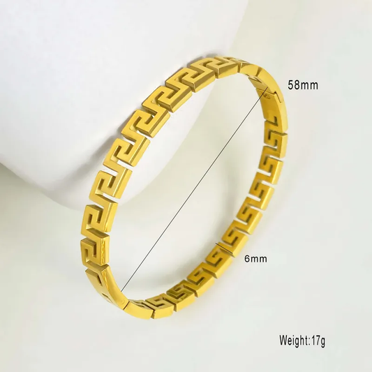 18K Plated Greek Geometric Statement Bangle Stainless Steel