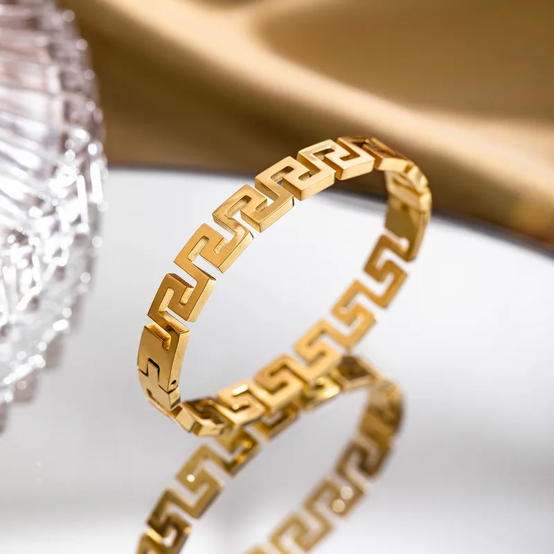 18K Plated Greek Geometric Statement Bangle Stainless Steel