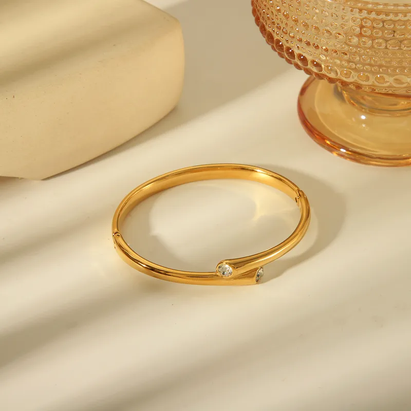 Elegant Gold Bangle with CZ Stones  18K Gold Plated Stainless Steel