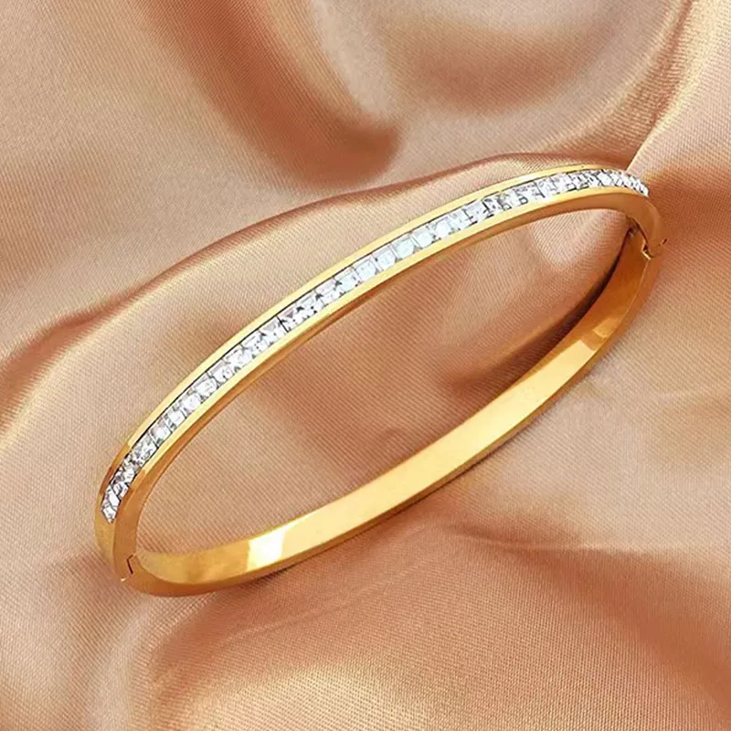 18K Gold Plated Dainty Paved Bangle with CZ Stones Stainless Steel
