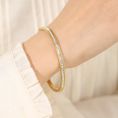 18K Gold Plated Dainty Paved Bangle with CZ Stones Stainless Steel