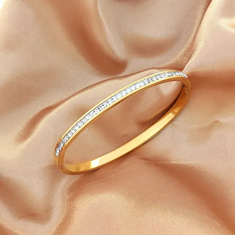 18K Gold Plated Dainty Paved Bangle with CZ Stones Stainless Steel