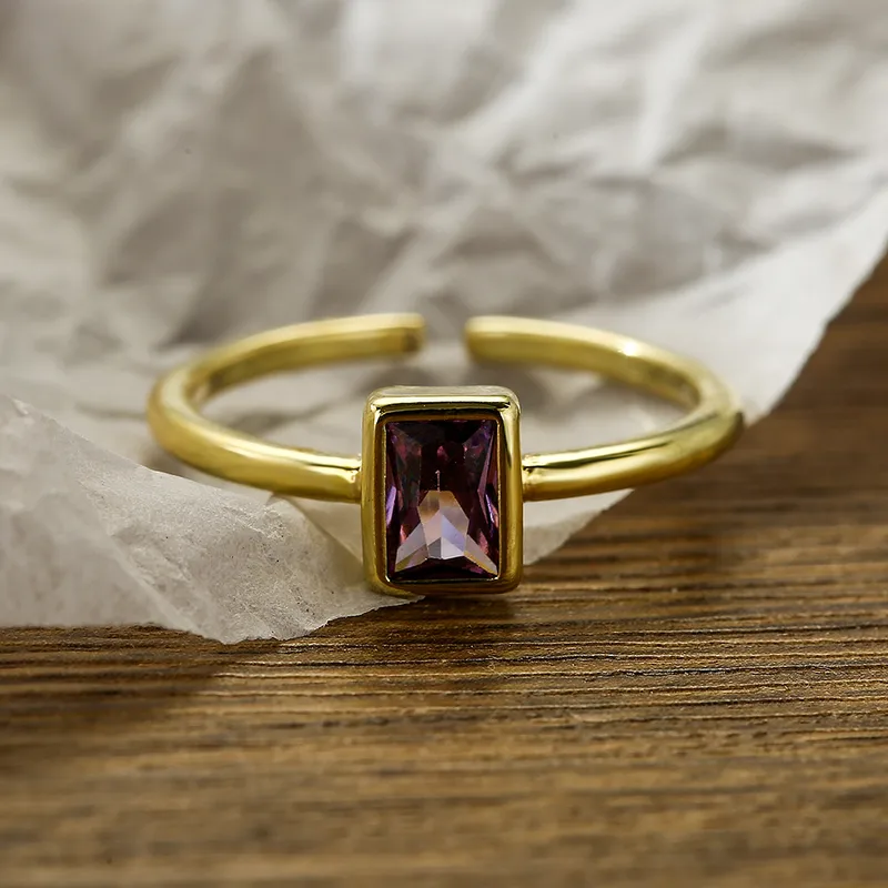 Elegant Purple Rectangle 18k Gold Plated Open Zircon Ring Stainless Steel
