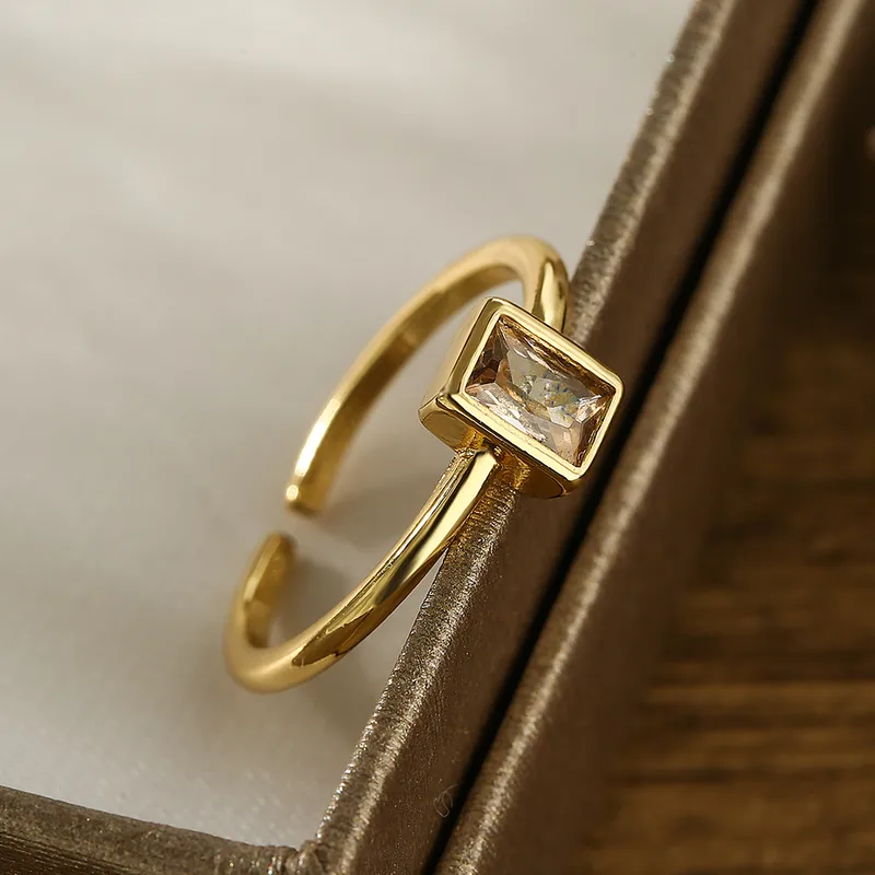 Simple Clear Rectangle 18k Gold Plated Open Zircon Ring Stainless Steel