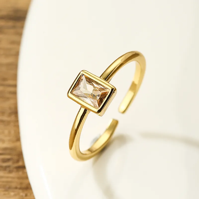 Simple Clear Rectangle 18k Gold Plated Open Zircon Ring Stainless Steel