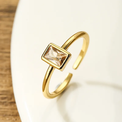 Simple Clear Rectangle 18k Gold Plated Open Zircon Ring Stainless Steel