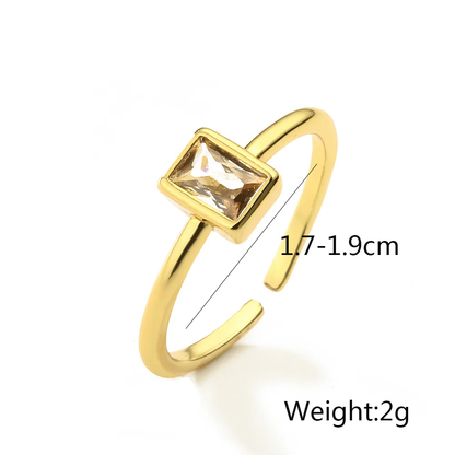 Simple Clear Rectangle 18k Gold Plated Open Zircon Ring Stainless Steel